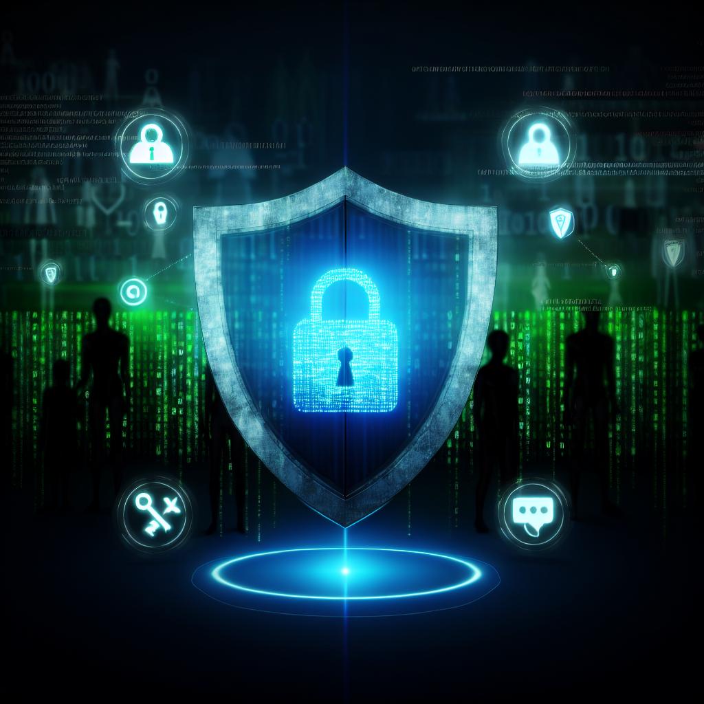 A digital shield with a lock symbol surrounded by various digital icons representing online advertising strategies, while dark shadowy figures lurk in the background.