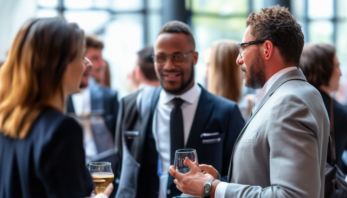 A group of well-dressed professionals engaging in 